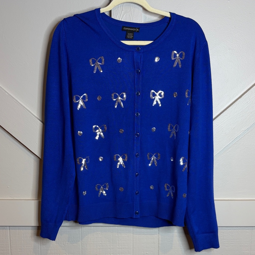Esperanza Royal Blue Knit Cardigan Embellished Silver Bow Details Button Down